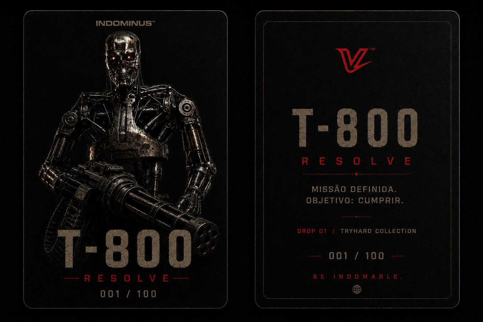 Card oficial do operador T-800 — frente e verso