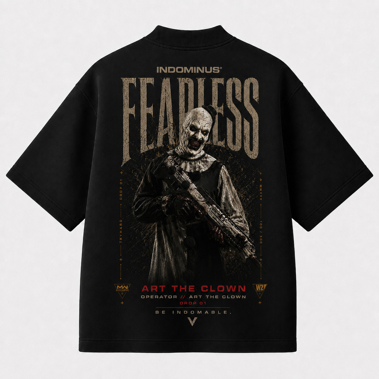 Camiseta preta oversized ART THE CLOWN — FEARLESS, vista das costas
