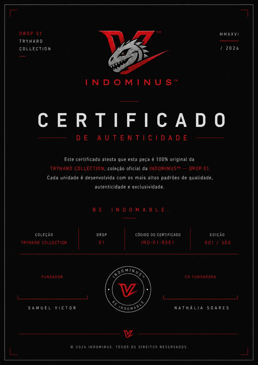 Certificado de Autenticidade oficial do DROP 01 — TRYHARD COLLECTION