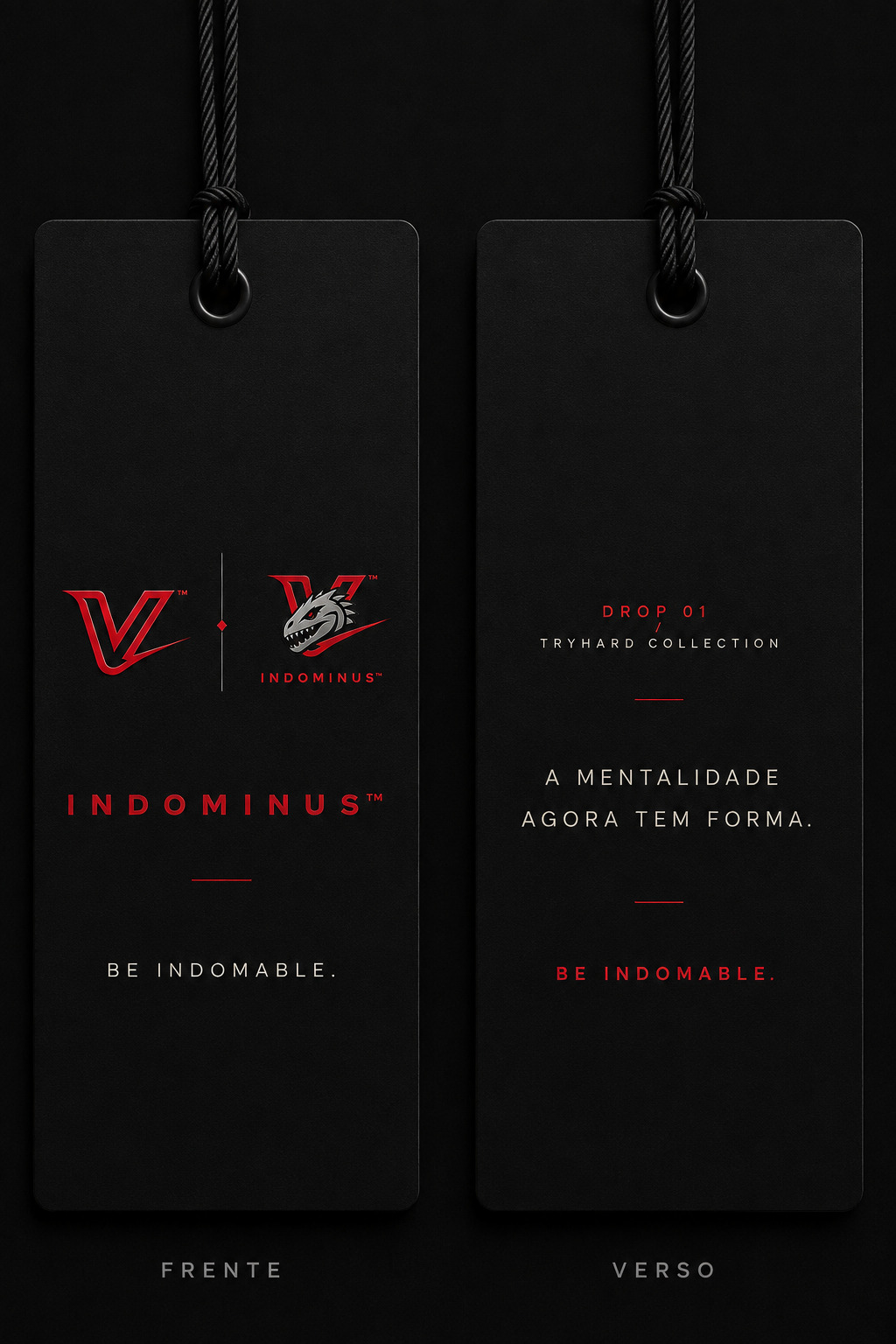 Frente e verso da Tag Global oficial da INDOMINUS™ para o DROP 01